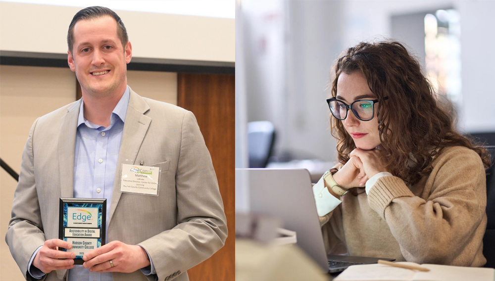 Hudson County Community College Center for Online Learning Executive Director Matthew LeBrake (left) recently accepted the NJEdge “Accessibility in Digital Education” Award at EdgeCon, which was held at Seton Hall University. | PHOTO: Hudson County Community College / Shutterstock